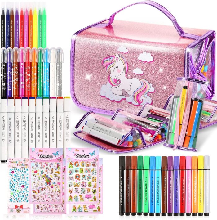 Marker Set For Kids Unicorns Gifts For Girls Art Set School Supplies Kit For Kids Pencil Pouch Removable Washable Markers Crayons Pens Set Art & Craft for Girls Gifts Birthday Christmas