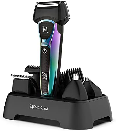 Memorism Multifunction Men’s Grooming Kit - Foil Shaver 4-Attachment Body Hair, Nose, Beard Trimmer with Adjustable Guard Heights - Rechargeable with LED Display Blizz GS5 (Purple-Green Gradient)