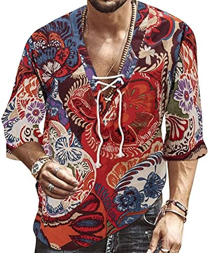 Men's Fashion Shirt Short Sleeve Beach V-Neck Drawstring Printing Yoga African Summer Top