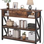 Mexin Console Table with Outlets and USB Ports, Entryway Table with Drawer Storage Shelves, Industrial Wood Hallway Sofa Table for Living Room, Couch, Foyer, Kitchen Counter, 39 Inch, Vintage Brown