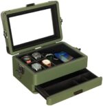 Military 10 Slot Watch Box Case Organizer for Men, Real Glass Top, Modular Valet Tray, Apple Watch Compatible with Apple Watch Stand, Accessory Drawer, Watch Pillow Stands