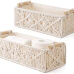 Mkono Macrame Storage Baskets Boho Decor Box Handmade Woven Decorative Countertop Toilet Tank Shelf Cabinet Organizer for Bedroom Livingroom Home, Set of 2, Ivory