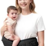 Momcozy CPC-Certified Baby Hip Carrier - Adjustable Waistband with Original 3D Belly Protector & Ergonomic EVA Massage Board, Various Pockets for Newborns to Toddlers up to 45lbs (Black, Medium)