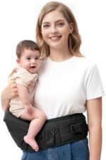 Momcozy CPC-Certified Baby Hip Carrier - Adjustable Waistband with Original 3D Belly Protector & Ergonomic EVA Massage Board, Various Pockets for Newborns to Toddlers up to 45lbs (Black, Medium)