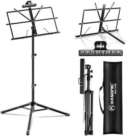 Music Stand, Kasonic 2 in 1 Dual-Use Folding Sheet Music Stand & Desktop Book Stand, Portable and Lightweight with Music Sheet Clip Holder & Carrying Bag Suitable for Instrumental Performance (Black)