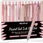 Nicpro 13PCS Pastel Gel Ink Pen Set with Case, Cute 0.5mm Fine Point Retractable 12PCS Black Ink Pens with 1 Highlighter, Aesthetic Pens for School Student Note Taking,Writing, Office Supplies(Brown)