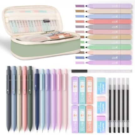 Nicpro 39 PCS Aesthetic School Supplies with Big Capacity Pen Case, 12 Colors Chisel Tip Cute Highlighters, 5 Quick Dry Retractable Black Ink Pens, 6 Pastel Mechanical Pencil 0.5 & 0.7 mm for Students