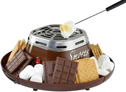 Nostalgia Indoor Electric S'mores Maker - Smores Kit - 4 Compartment Trays - Movie Night Supplies - Balcony Decor - Brown