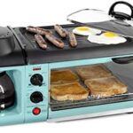 Nostalgia Retro 3-in-1 Family Size Electric Breakfast Station, Non Stick Die Cast Grill/Griddle, 4 Slice Toaster Oven, Coffee Maker, Aqua