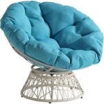 OSP Home Furnishings Wicker Papasan Chair with 360-Degree Swivel, 40” W x 36” D x 35.25” H, Cream Frame with Blue Cushion