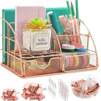 Office Desk Organizers,Rose Gold Office Supplies Desk Organization for Women,Cute Desk Caddy with Pen Holder,6 Compartments +72 Clips Set.