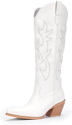 Pasuot White Cowboy Boots for Women - Wide Calf Cowgirl Knee High Boots with Side Zip and Embroidery, Pointed Toe Western Outfit Boots Chunky Heel Retro Tall Boot Pull On for Girls Ladies Spring Fall