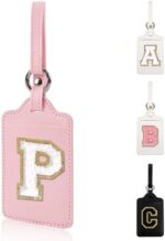 Personalized Initial Luggage Tags for Suitcases, Leather Chenille Letter Cute Luggage Tags with Privacy Name Card, Embroidered Travel Bag Backpack Tags Gifts for Women Kids Girls Teens(Pink-P)