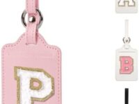 Personalized Initial Luggage Tags for Suitcases, Leather Chenille Letter Cute Luggage Tags with Privacy Name Card, Embroidered Travel Bag Backpack Tags Gifts for Women Kids Girls Teens(Pink-P)