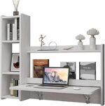 Pmnianhua Floating Desk,41'' Wall Mounted Laptop Computer Desk, Folding Wall Table Desk Workstation with Storage Shelves for Wall Bedroom Small Space (Greyish-White -Left)