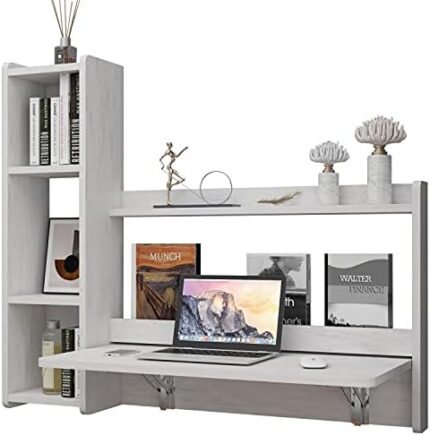 Pmnianhua Floating Desk,41'' Wall Mounted Laptop Computer Desk, Folding Wall Table Desk Workstation with Storage Shelves for Wall Bedroom Small Space (Greyish-White -Left)