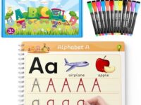 Preschool Toddlers Handwriting 66 Pages Practice Book for3-5 Years Reusable Pages Montessori Busy Book Numbers Alphabet Learning Educational Toys (With 12 erasable writing pens and 2 sponge erasers)