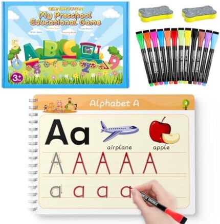 Preschool Toddlers Handwriting 66 Pages Practice Book for3-5 Years Reusable Pages Montessori Busy Book Numbers Alphabet Learning Educational Toys (With 12 erasable writing pens and 2 sponge erasers)