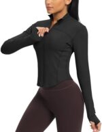 QUEENIEKE Workout Running Jackets for Women Zip Up Athletic Yoga Cropped Tops with Thumb Holes