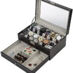 Readaeer Black Leather Watch Box Jewelry Display Case with Drawer, Jewelry Box for Men & Women (12 Slots with 2 Layers)