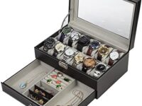 Readaeer Black Leather Watch Box Jewelry Display Case with Drawer, Jewelry Box for Men & Women (12 Slots with 2 Layers)