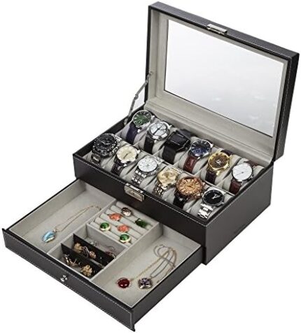 Readaeer Black Leather Watch Box Jewelry Display Case with Drawer, Jewelry Box for Men & Women (12 Slots with 2 Layers)