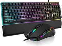 RedThunder K10 Wired Gaming Keyboard and Mouse and Wrist Rest Combo, RGB Backlit, Mechanical Feel Anti-ghosting Keyboard + 7D 7200 DPI Mice+Soft Leather Wrist Rest 3 in 1 PC Gamer Accessories(Black)