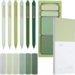 Resurhang Green Aesthetic Stationery Set Green School Supplies Green Sticky Notes Set 6 Mini Correction Tapes 6 Retractable Black Ink Pens 0.5mm Fine Point Paper Corrective Pen Self Stick Index Tabs