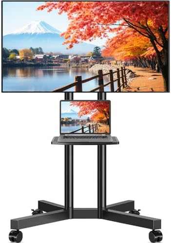 Rfiver Rolling TV Stand with Laptop Shelf, Mobile TV Stand with Upgraded Wheels for 32-70 Inch TVs, Height Adjustable Mobile TV Cart up to 88lbs, Portable TV Stand for Outdoor, Home, Office