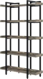 Rolanstar Bookshelf, 5-Tier Bookshelves with Open Shelves, Large Bookcase for Storage and Display, Freestanding Industrial Book Shelf for Living Room, Home Office, Bedroom, Grey