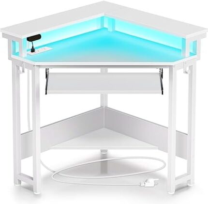 Rolanstar Corner Desk, 44.5"W x 34.5"H Small Computer Desk with Power Outlets & LED Lights, Triangle corner computer desk with Keyboard Tray & Monitor Stand for Small Space, Small Office Desk, White