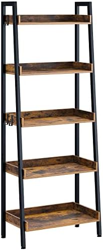 Rolanstar Ladder Shelf, 5-Tier Ladder Bookshelf with 3 Hooks, Industrial Bookcases, Utility Organizer Shelves, Freestanding Display Plant Shelves with Metal Frame for Living Room, Rustic Brown