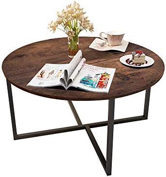 Round Living Room Coffee Table with X Base Metal Frame, Accent Furniture for Home Office, Black+Brown