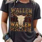 RuDily Wallen Shirt for Women Western Cattle Skull Leopard Graphic Tee Tops Vintage Rodeo Country Music Bleached T-Shirt