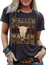 RuDily Wallen Shirt for Women Western Cattle Skull Leopard Graphic Tee Tops Vintage Rodeo Country Music Bleached T-Shirt