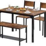 SDHYL Dining Table Set, Two Chairs and One Bench 4 Pieces Set Wooden Table Top with Metal Legs for Breakfast in Living Room, Kitchen Room, Dining Room,Space Saving Kitchen Table Set, Rustic Brown