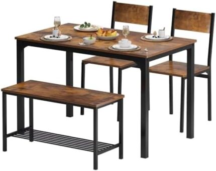 SDHYL Dining Table Set, Two Chairs and One Bench 4 Pieces Set Wooden Table Top with Metal Legs for Breakfast in Living Room, Kitchen Room, Dining Room,Space Saving Kitchen Table Set, Rustic Brown