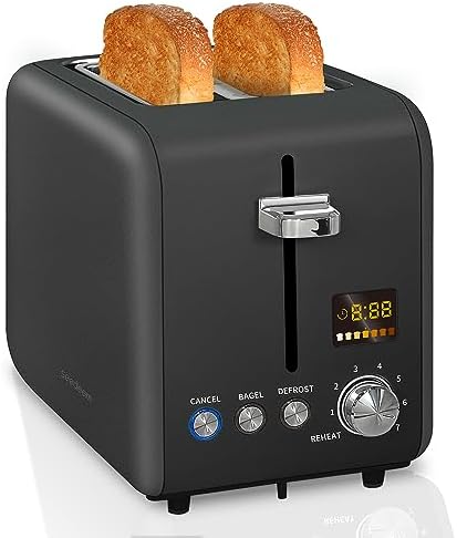 SEEDEEM Toaster 2 Slice, Stainless Steel Bread Toaster LCD Display, 7 Bread Shade Settings, 1.4'' Wide Slots Toaster Bagel/Defrost/Reheat Functions, Removable Crumb Tray, 900W, Dark Chocolate