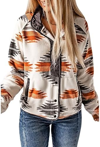 SELINK Womens Fleece Jacket Western Aztec Print Long Sleeve Snap Button Down Shacket Jackets with Pockets