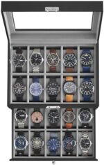 SONGMICS 20-Slot Watch Box, Watch Case with Glass Lid, 2 Layers, Black Synthetic Leather, Gray Lining UJWB006