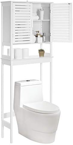 SONGMICS Over The Toilet Storage Cabinet, Bathroom Cabinet with Adjustable Inside Shelf and Bottom Stabilizer Bar, Space-Saving Toilet Rack, Cloud White UBTS010W01