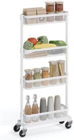 SONGMICS Slim Storage Cart, 4-Tier Slide-Out Trolley for Small Spaces, Bathroom and Kitchen, with Wire Baskets, Space Saving, Easy Assembly, White UBSC065W01