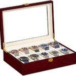 SONGMICS Watch Box, Wooden Watch Organizer, 10 Slots Display Case with Large Glass Lid, Cherry Color UJOW10C