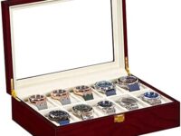 SONGMICS Watch Box, Wooden Watch Organizer, 10 Slots Display Case with Large Glass Lid, Cherry Color UJOW10C