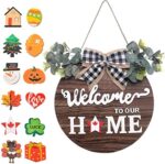 SWITTE 12 Interchangeable Seasonal Welcome Wreaths Sign Home Decor, Rustic Round Wood Wreaths Wall Hanging Outdoor, Porch, for Spring Summer Fall All Seasons Holiday Christmas Decoration (Brown)