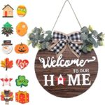 SWITTE 12 Interchangeable Seasonal Welcome Wreaths Sign Home Decor, Rustic Round Wood Wreaths Wall Hanging Outdoor, Porch, for Spring Summer Fall All Seasons Holiday Christmas Decoration (Brown)