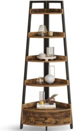 Seventable Corner Shelf with Drawer, 5-Tier Corner Bookshelf, Freestanding Corner Shelf Unit, Rustic Brown Corner Bookcase, Corner Plant Stand for Living Room, Kitchen, Home Office