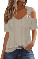 Sexy Cold Shoulder Tops for Women Dressy Cut Out Eyelet Crochet Shirts Trendyshort Sleeve Elegant Sexy Casual Blouse