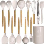 Silicone Cooking Utensils Set - 446°F Heat Resistant Silicone Kitchen Utensils for Cooking,Kitchen Utensil Spatula Set w Wooden Handles and Holder, BPA FREE Gadgets for Non-Stick Cookware (Khaki)