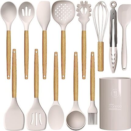 Silicone Cooking Utensils Set - 446°F Heat Resistant Silicone Kitchen Utensils for Cooking,Kitchen Utensil Spatula Set w Wooden Handles and Holder, BPA FREE Gadgets for Non-Stick Cookware (Khaki)